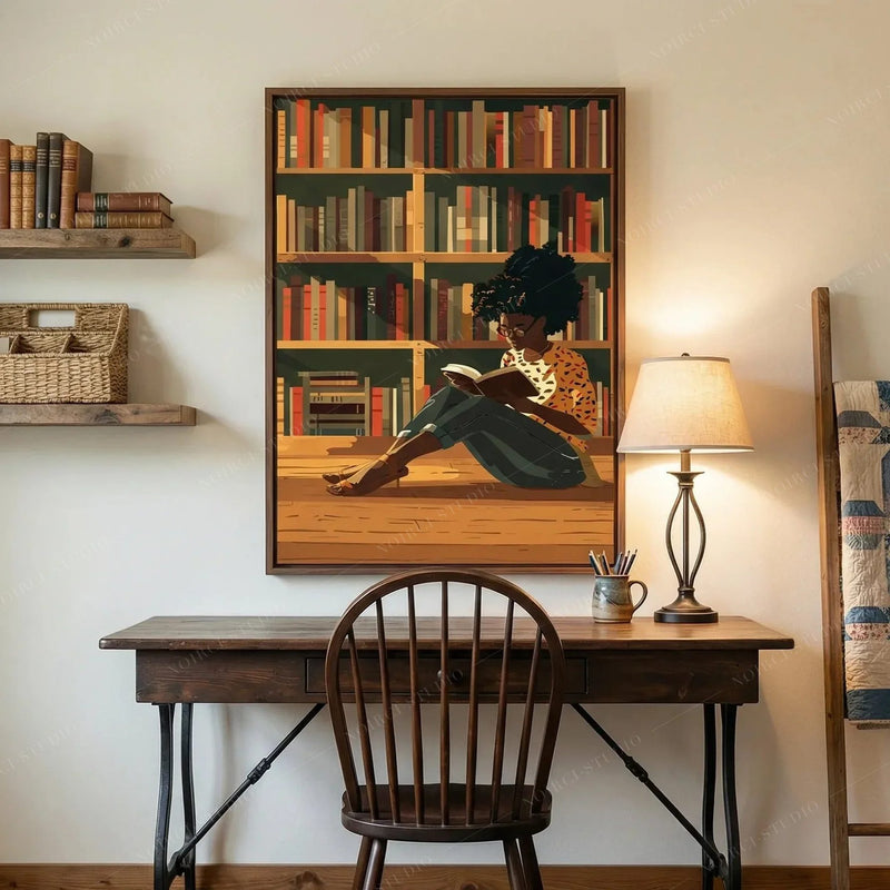 African American art for a home office, library reading scene above a farmhouse desk and Windsor chair