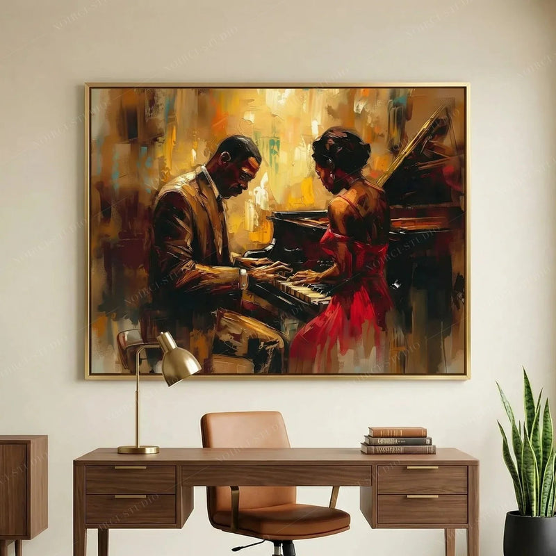African American art for a home office, couple at a jazz piano above a walnut desk with a leather chair