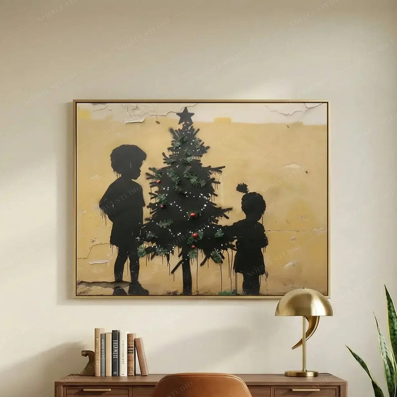 African American art for a home office, kids and Christmas tree canvas above a walnut desk with a gold mushroom lamp