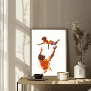 Detail of the dad tossing son painting on a console table with pampas grass in soft window light