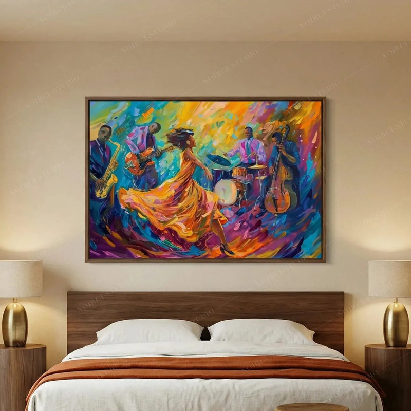 African American art for the bedroom, colorful jazz dance painting above a walnut bed with brass lamps