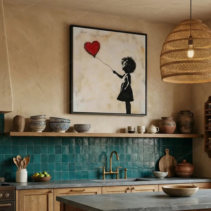 African American kitchen canvas above teal zellige tile and a brass faucet in a Mediterranean-style kitchen