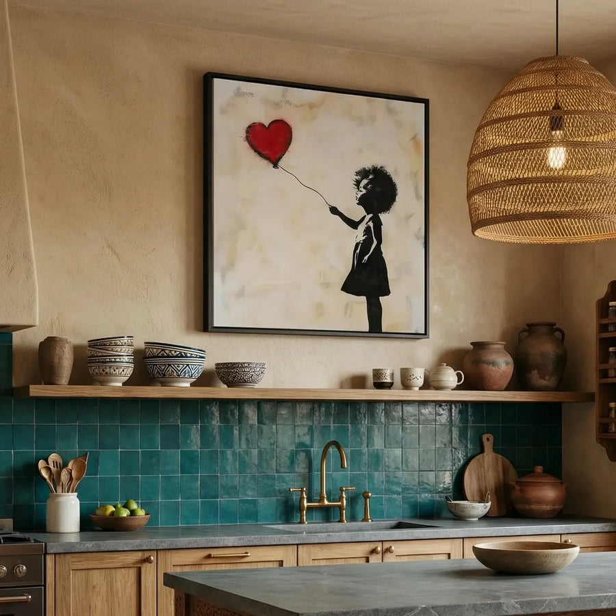 African American kitchen canvas above teal zellige tile and a brass faucet in a Mediterranean-style kitchen