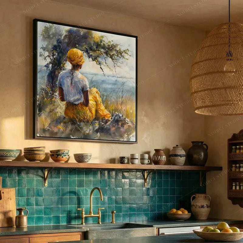 Lowcountry kitchen art, watercolor in a walnut frame above teal zellige tile and a brass faucet