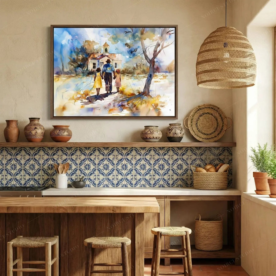 Black kitchen wall art, Gullah church scene in a brown frame above blue patterned tile and clay pottery