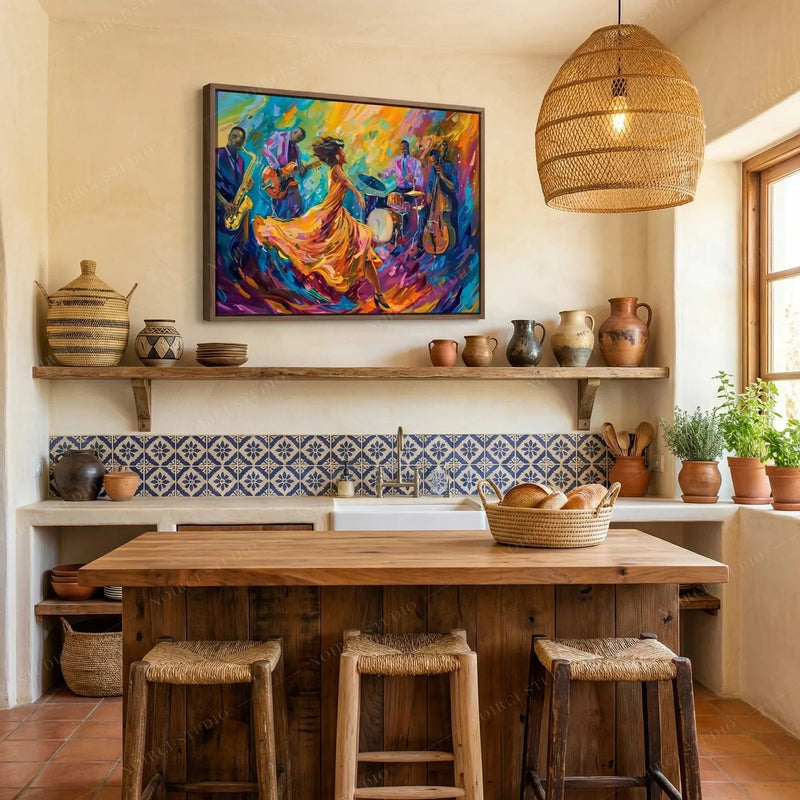 Black kitchen wall art, jazz dancer painting above blue patterned tile in a Mediterranean kitchen with a woven pendant