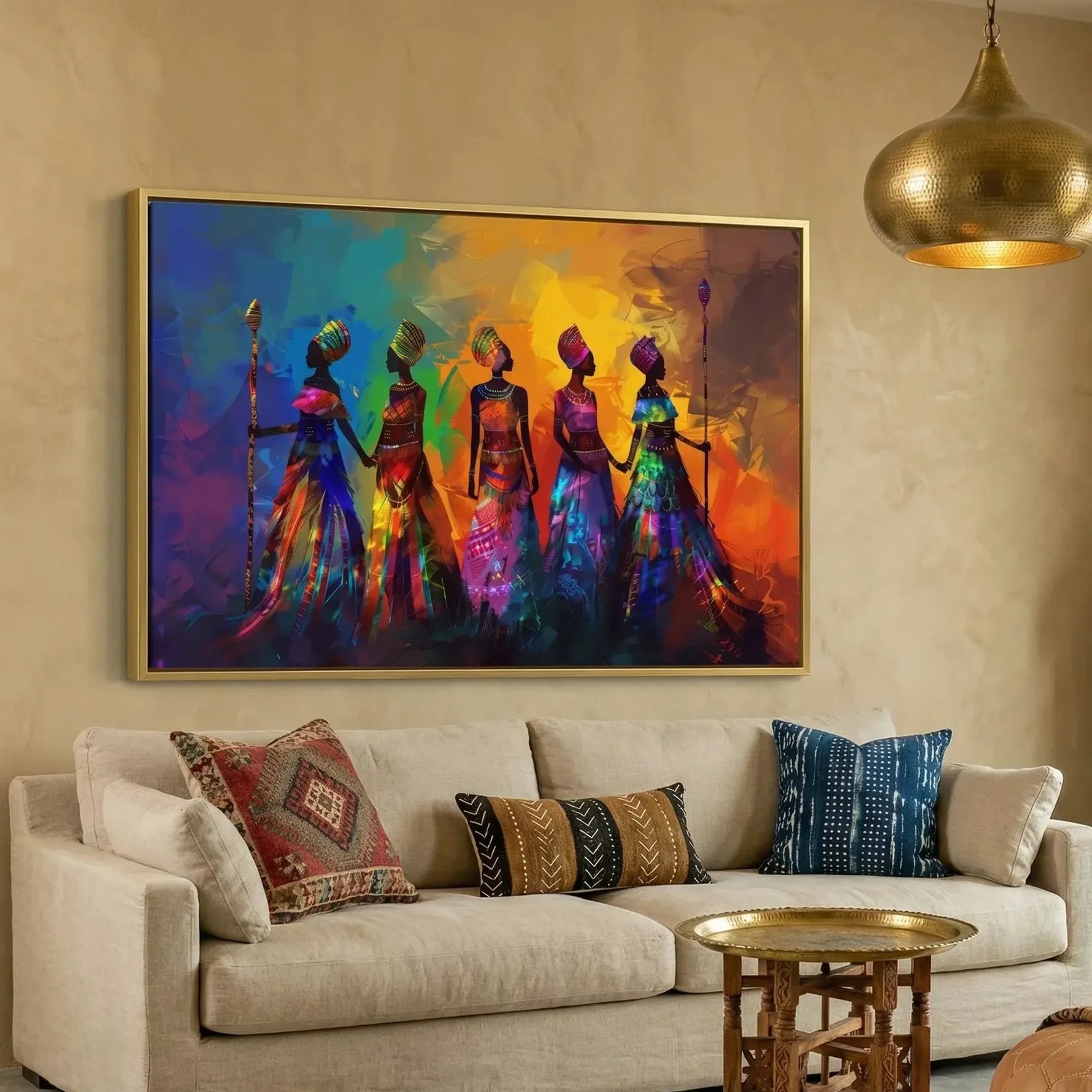 African wall art for living room, gold framed tribal women above a cream sofa with kilim and mudcloth pillows