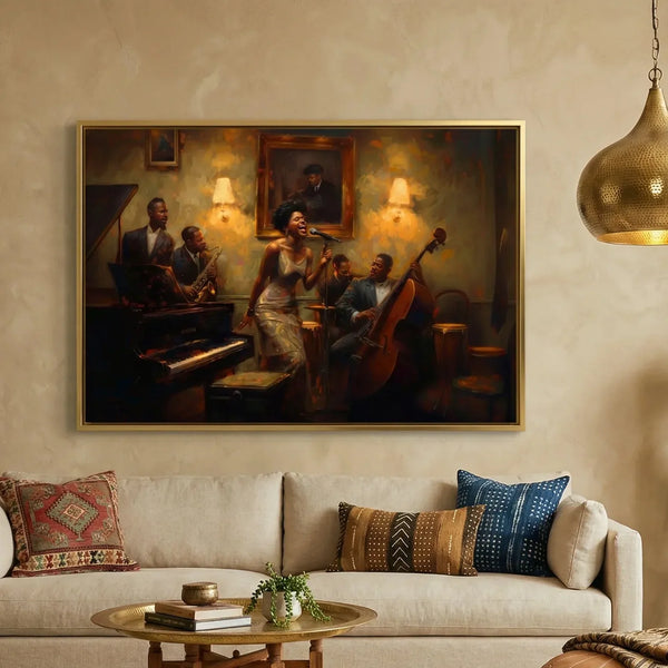 Harlem Renaissance music art in a gold frame above a cream sofa with mudcloth pillows, jazz singer and band oil painting
