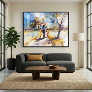 African American wall art above a charcoal sofa, chapel scene in a black frame beside a fiddle leaf fig