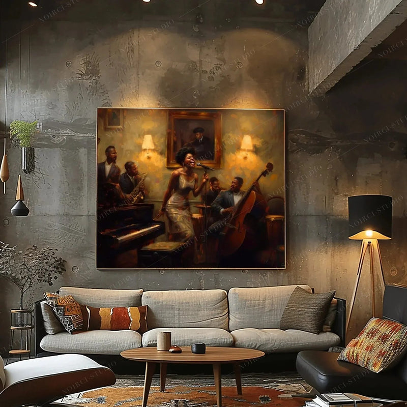 Black art for living room walls, jazz band painting in an industrial loft above a linen sectional and tripod lamp