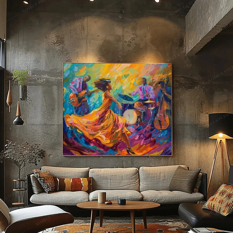 Harlem Renaissance art in an industrial loft living room, colorful jazz quartet and dancer in an orange gown above a sofa