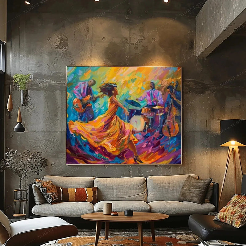 Harlem Renaissance art in an industrial loft living room, colorful jazz quartet and dancer in an orange gown above a sofa