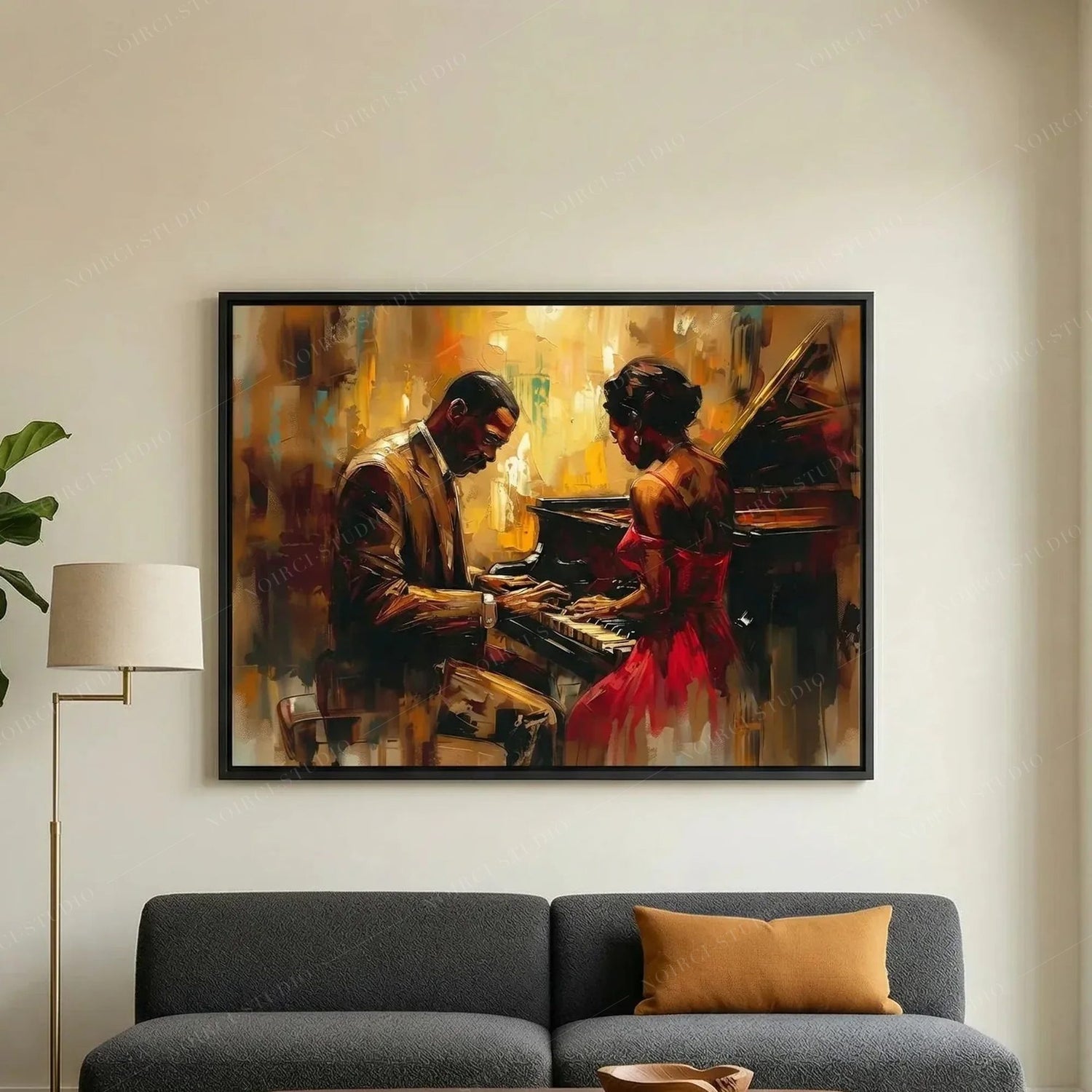 Harlem Renaissance art above a charcoal sofa, oil painting of a Black couple at a grand piano in warm gold light