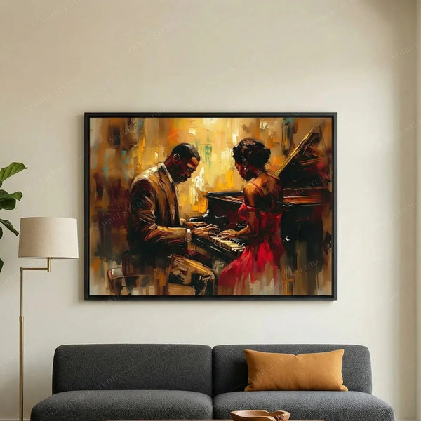 Harlem Renaissance art above a charcoal sofa, oil painting of a Black couple at a grand piano in warm gold light