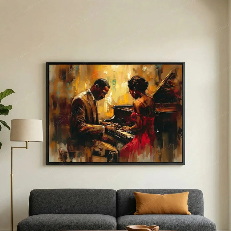 Harlem Renaissance art above a charcoal sofa, oil painting of a Black couple at a grand piano in warm gold light