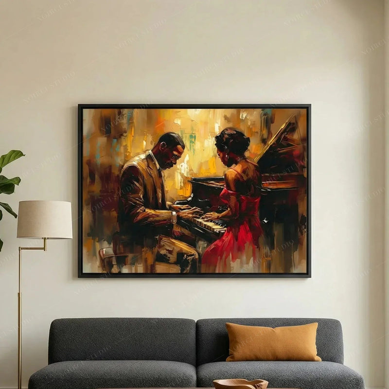 Harlem Renaissance art above a charcoal sofa, oil painting of a Black couple at a grand piano in warm gold light
