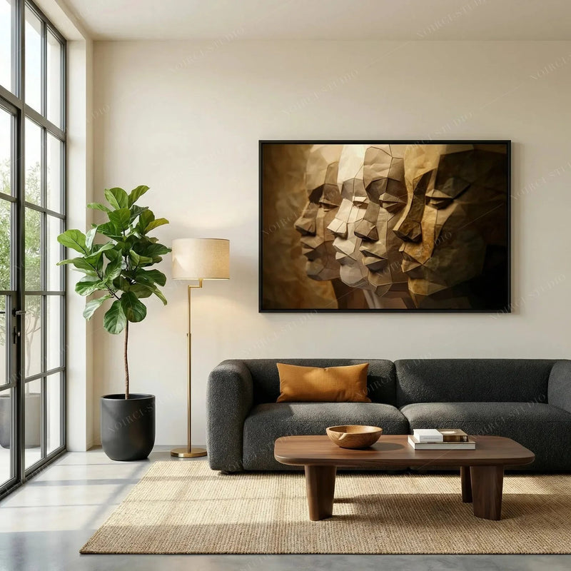 Black art for living room, sepia men profiles in a black frame above a charcoal sofa with a rust pillow