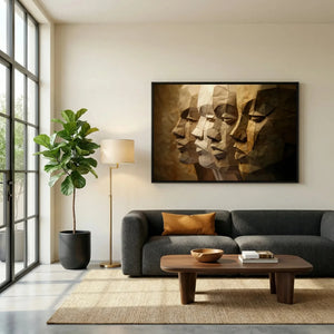 Black art for living room, sepia men profiles in a black frame above a charcoal sofa with a rust pillow