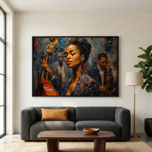 Young Ella Fitzgerald jazz art above a dark gray sofa, singer with an upright bassist in blue impasto oils