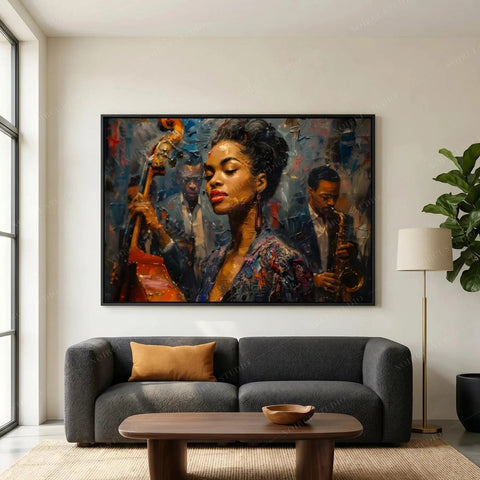 Young Ella Fitzgerald jazz art above a dark gray sofa, singer with an upright bassist in blue impasto oils