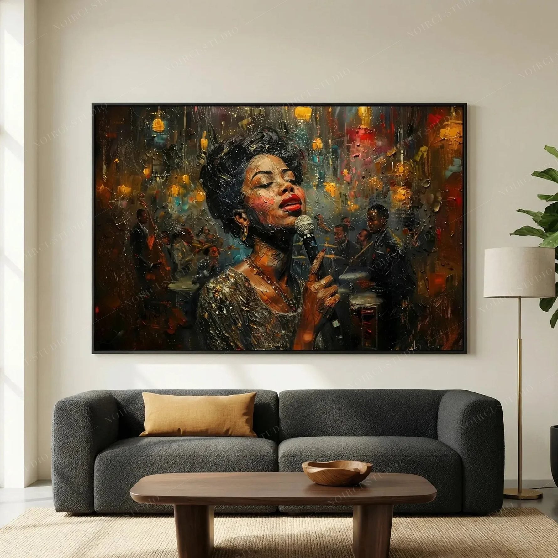 Harlem Renaissance art above a charcoal sofa, jazz singer at a vintage microphone in a glowing smoky club scene