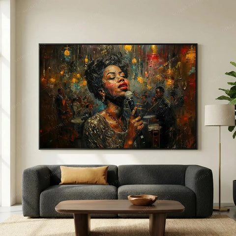 Harlem Renaissance art above a charcoal sofa, jazz singer at a vintage microphone in a glowing smoky club scene