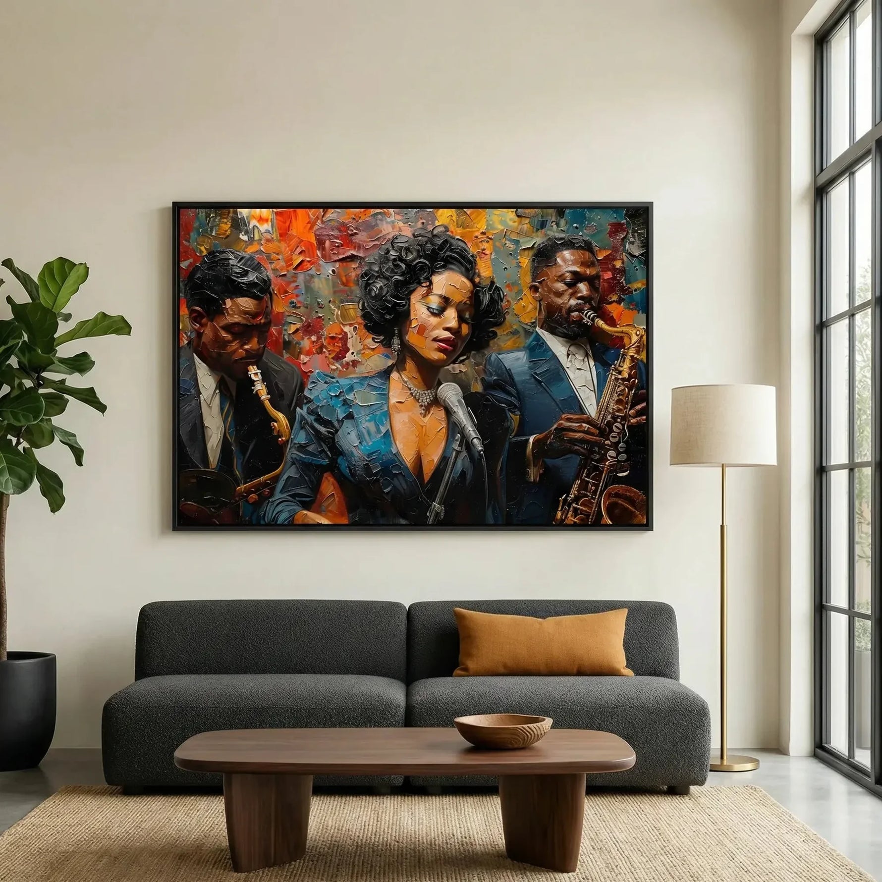 Harlem Renaissance art above a charcoal sofa, jazz singer in pearls with two saxophonists in bold impasto color