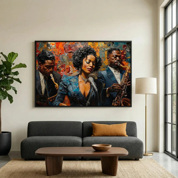 Harlem Renaissance art above a charcoal sofa, jazz singer in pearls with two saxophonists in bold impasto color