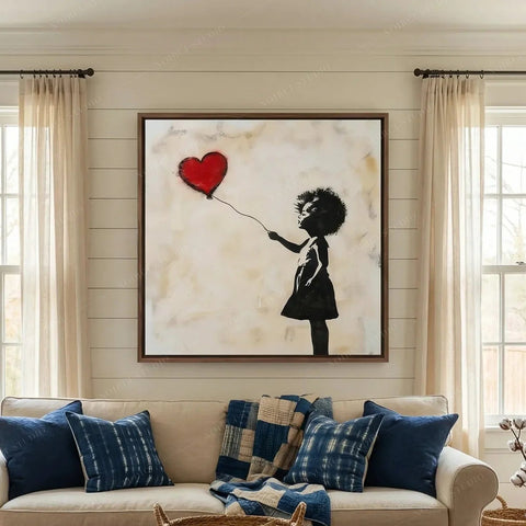 Black girl with red heart balloon art in a walnut frame above a beige sofa with indigo pillows on a shiplap wall