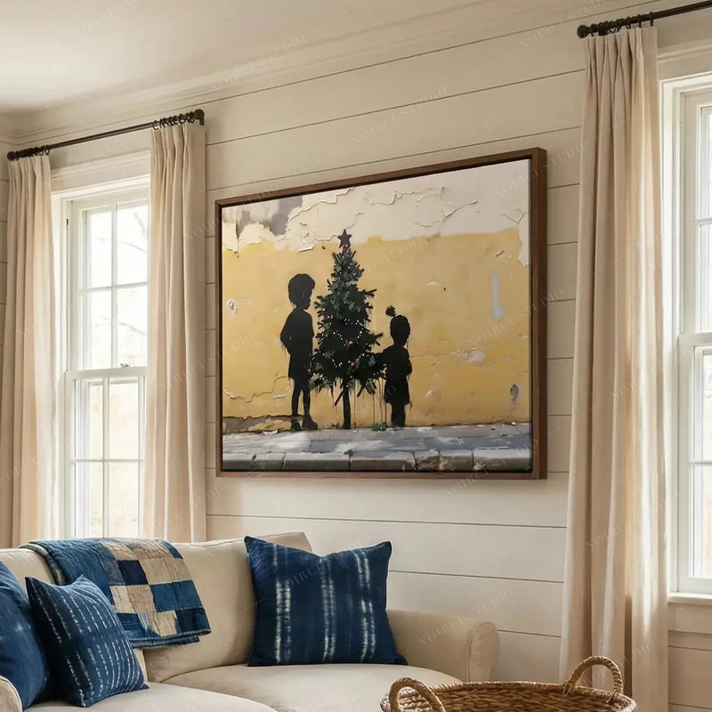 Black art for living room, Christmas street-art canvas in a walnut frame on shiplap above indigo patchwork pillows