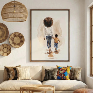 Afrohemian decor above a cream sofa with mudcloth pillows and woven wall baskets, mother and son watercolor