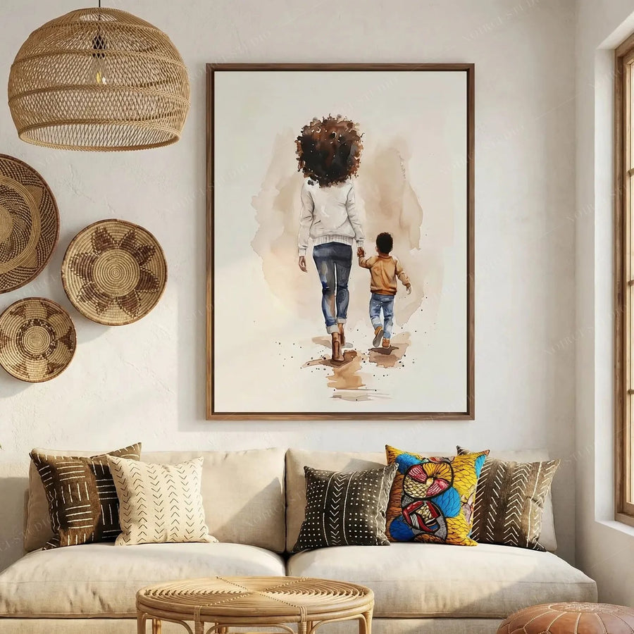 Afrohemian decor above a cream sofa with mudcloth pillows and woven wall baskets, mother and son watercolor