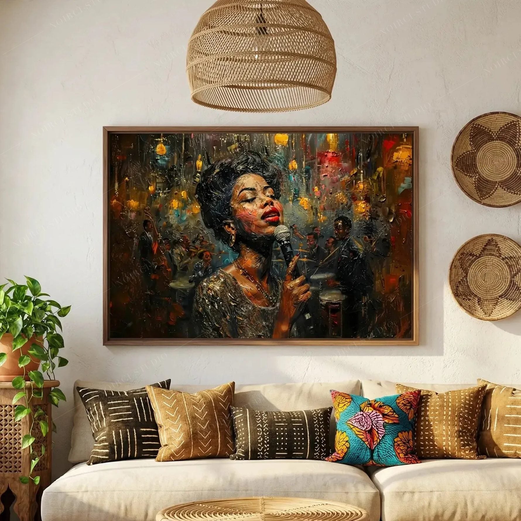 Afrohemian decor, jazz club singer painting above a cream sofa with mudcloth and African print pillows
