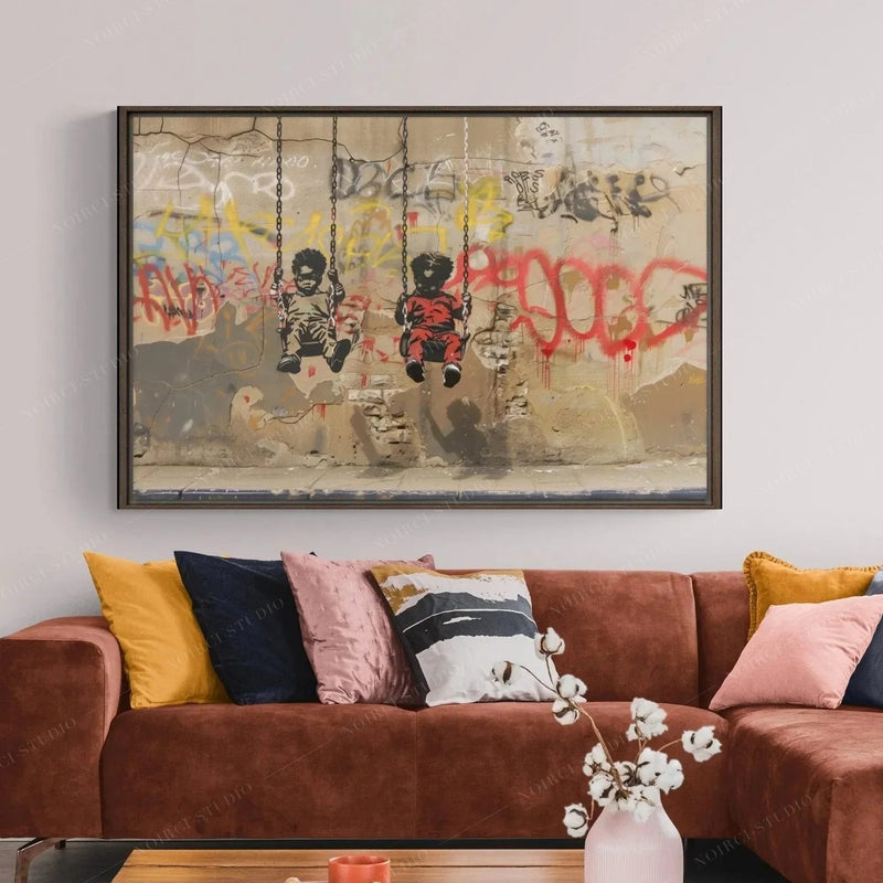 Graffiti kids canvas in a walnut frame above a rust sectional with blush and mustard pillows in a warm living room