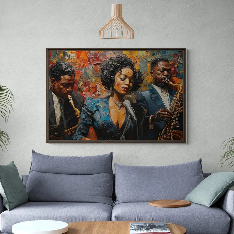 Modern African American art above a light gray sofa with sage pillows, jazz vocalist trio in bold color