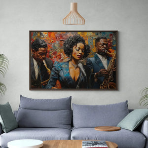 Modern African American art above a light gray sofa with sage pillows, jazz vocalist trio in bold color