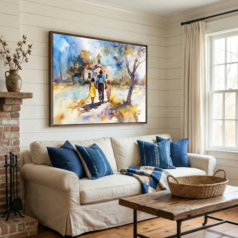 Lowcountry wall art above a linen sofa with indigo pillows, church painting by a brick fireplace and shiplap wall