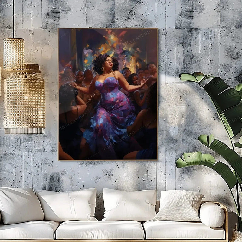 Urban Black aesthetic wall art above a white sofa in an industrial living room with a rattan pendant