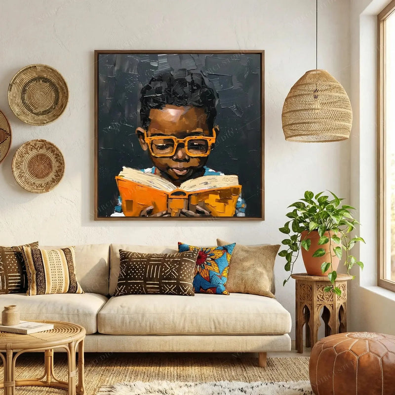 Black Boy Joy Reading canvas in an Afro-bohemian living room with mudcloth pillows and woven wall baskets