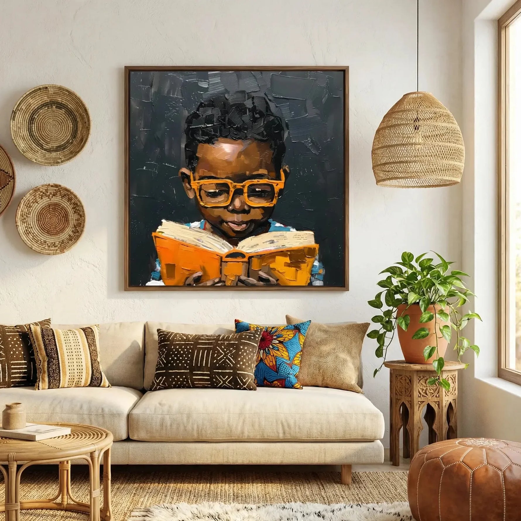 Afrohemian decor, Black boy reading canvas in a boho living room with mudcloth pillows and woven wall baskets