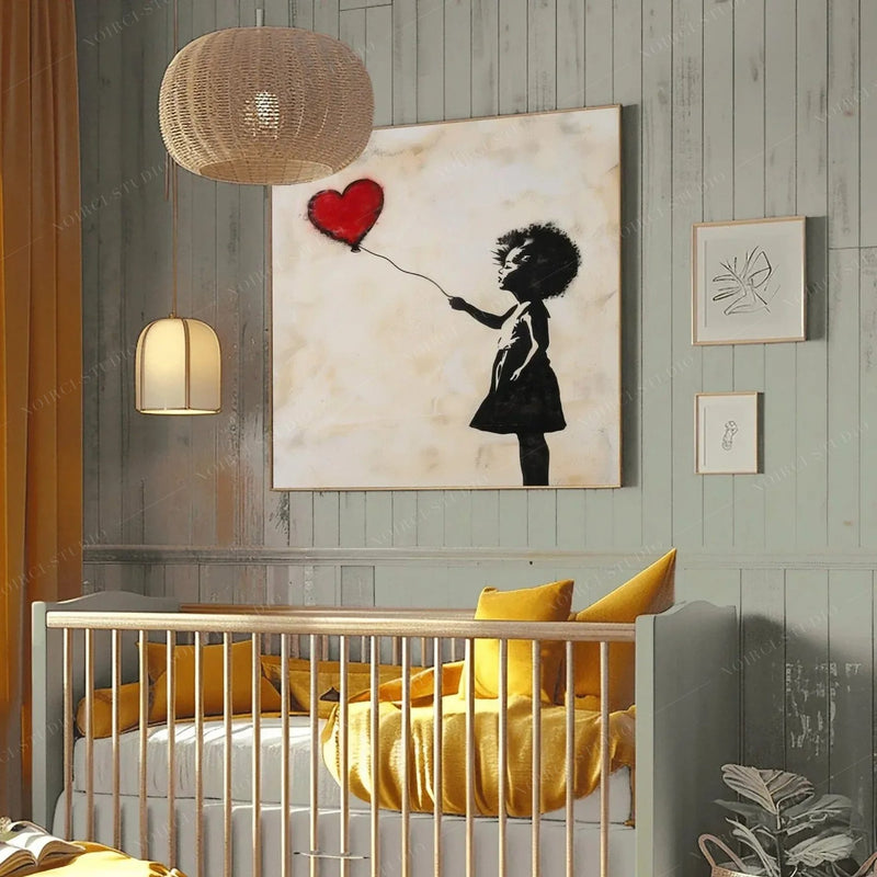 Black art for nursery walls, balloon girl canvas beside a crib with mustard pillows and a rattan pendant light