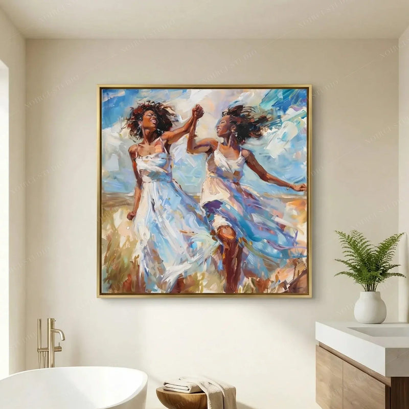 Black bathroom wall art above a freestanding tub, gold-framed painting of women twirling in white dresses