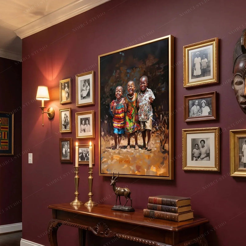 Afrocentric gallery wall in a burgundy hallway, three laughing children painting among family photos and African masks