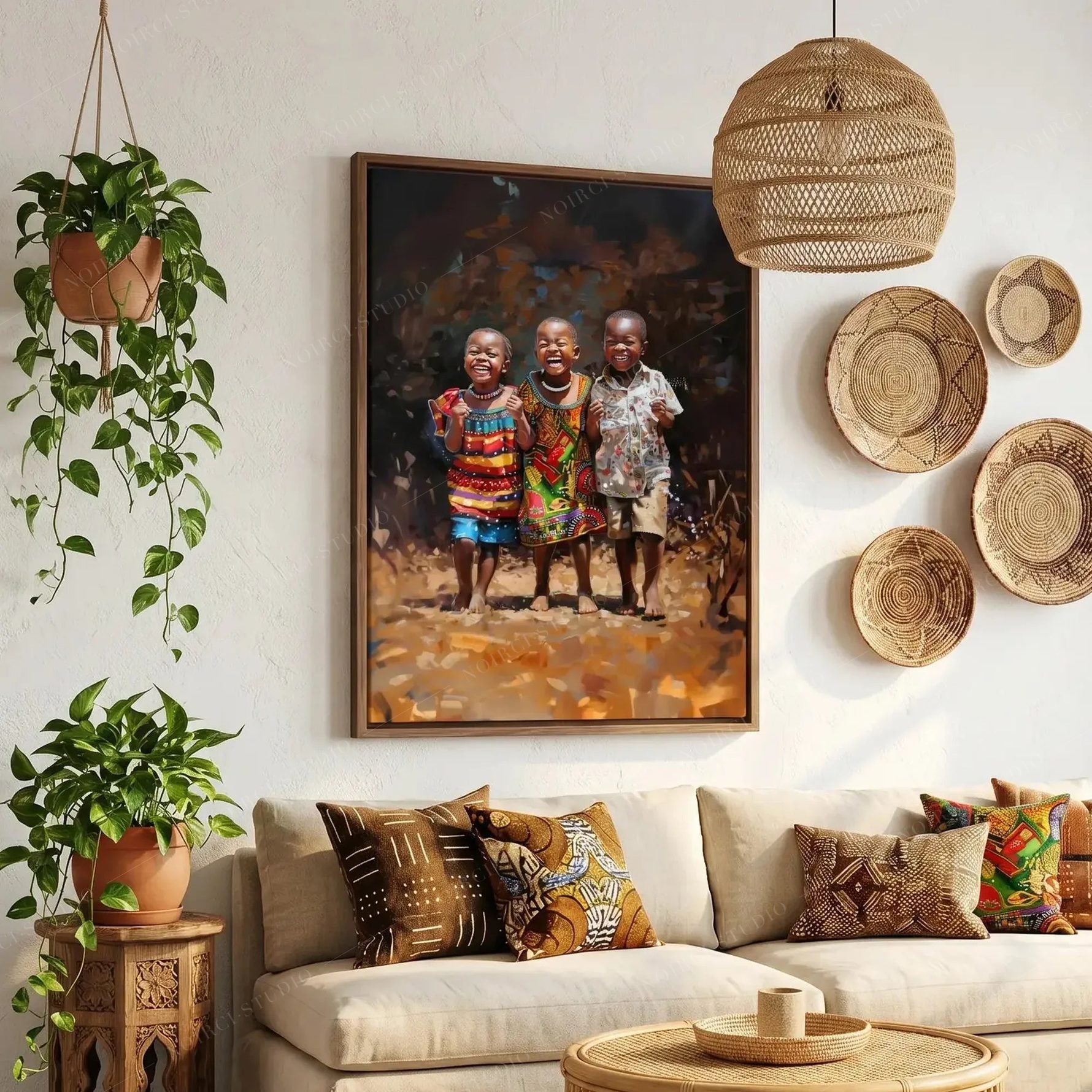 African art for living room, children painting in a walnut frame above a cream sofa with mudcloth pillows