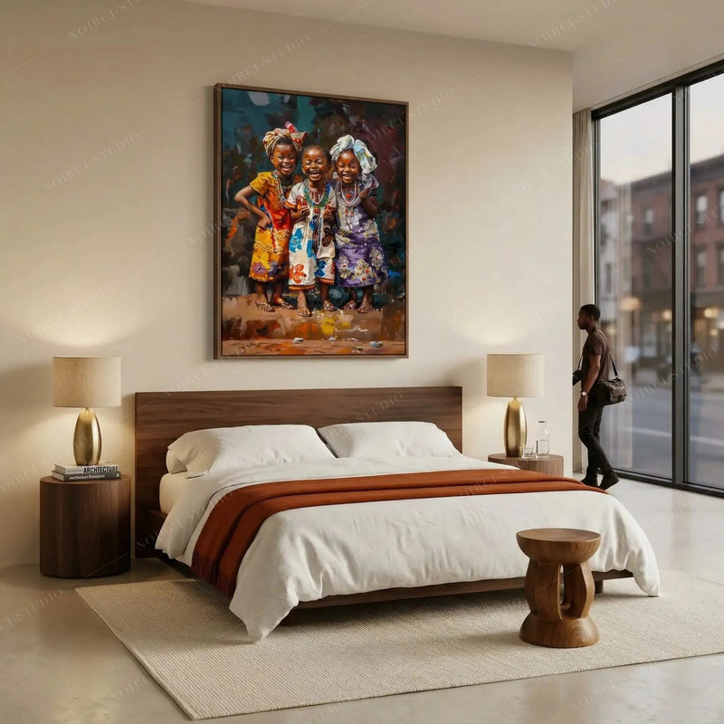 Three laughing African girls painting above a walnut platform bed with a rust throw, Black wall art for the bedroom