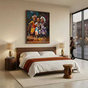 Three laughing African girls painting above a walnut platform bed with a rust throw, Black wall art for the bedroom