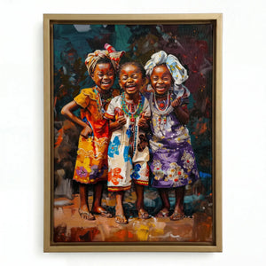 African canvas wall art in a gold floating frame, three girls giggling together in orange, white and purple dresses