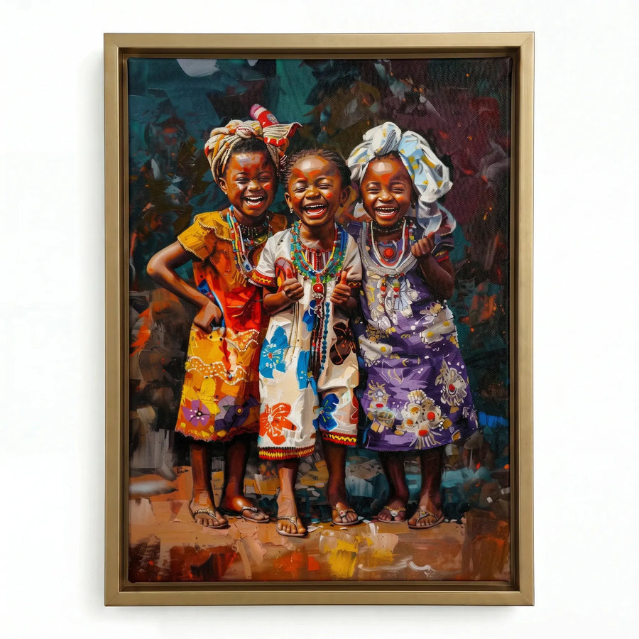 African canvas wall art in a gold floating frame, three girls giggling together in orange, white and purple dresses