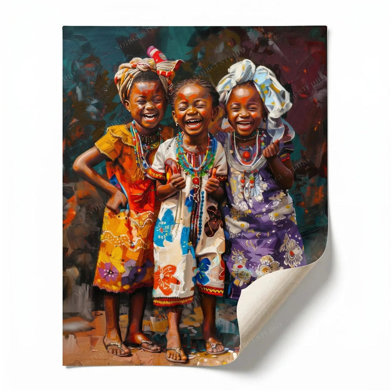 Rolled canvas print of three joyful African girls, ready for custom framing
