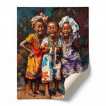 Rolled canvas print of three joyful African girls, ready for custom framing